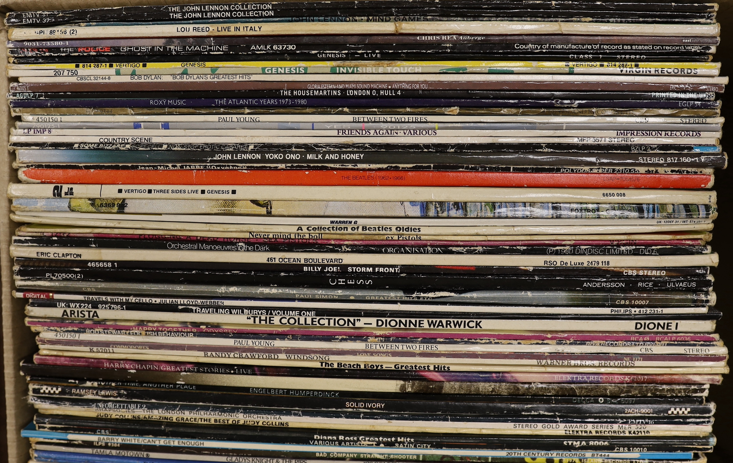 Eighty mostly 1970s LPs etc., including John Lennon, Lou Reed, The Police, Genesis, The Housemartins, Roxy Music, Paul Young, The Beatles, Sex Pistols, Billy Joel, Paul Simon, Rod Stewart, Madness, Leo Sayer, Phil Collin